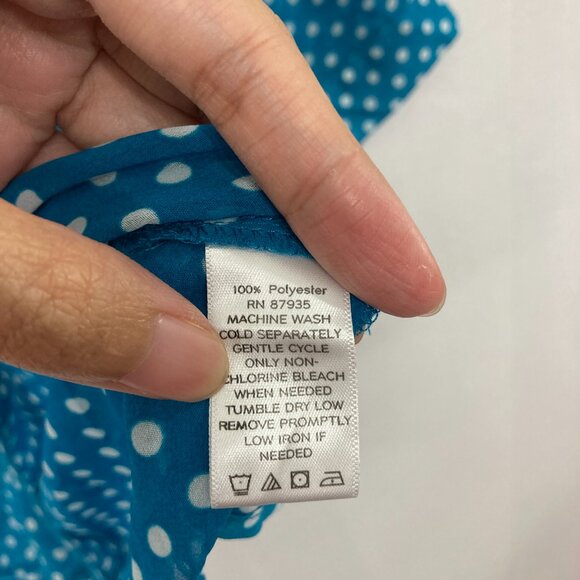 Susan Graver Top 2X Blue White Polka Dot Soft Flowy 3/4 Sleeve Chiffon Button Up - Picture 8 of 11